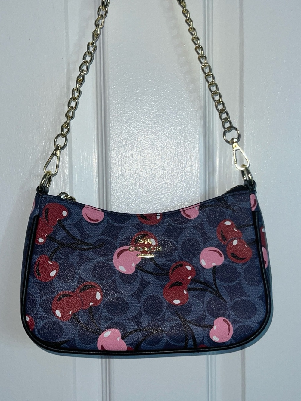 Coach Navy Cherry Print Mini Shoulder Bag with Gold Chain
